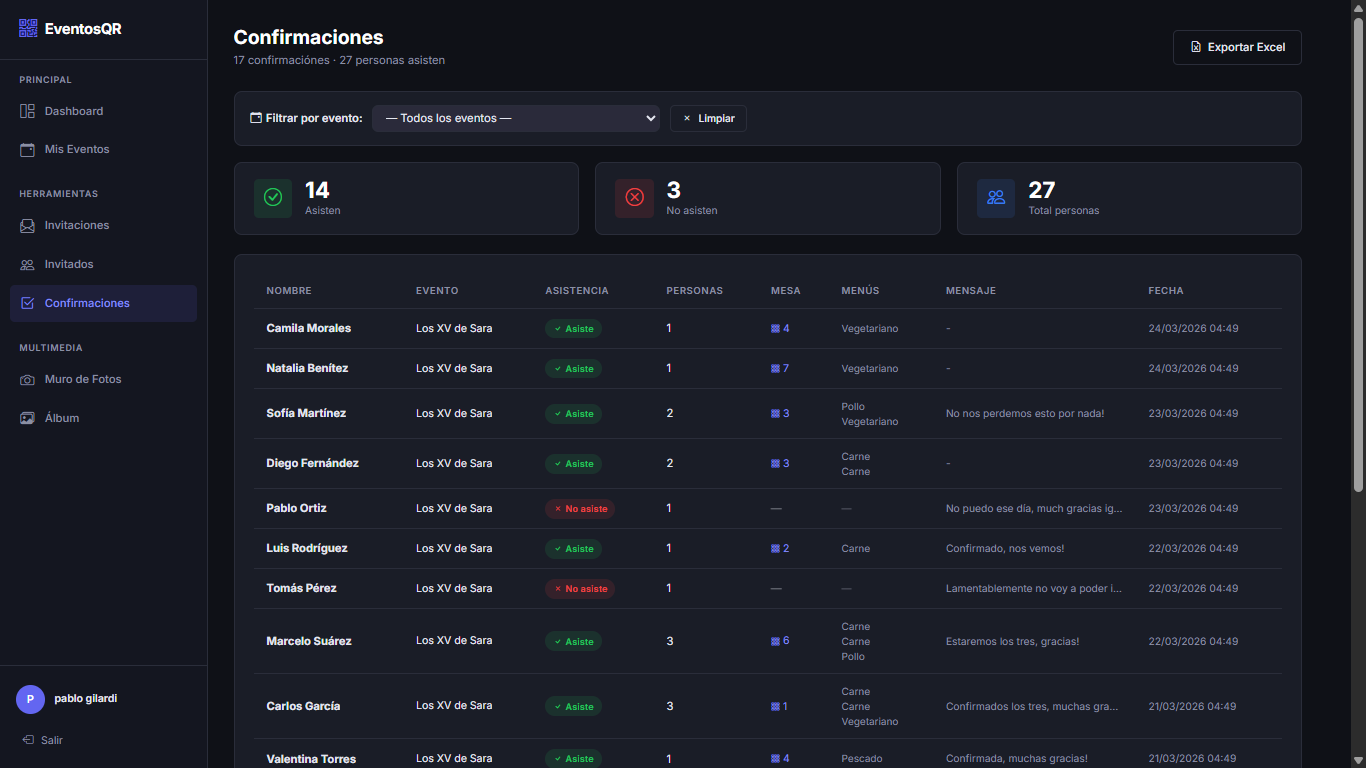 Confirmaciones — exportar a Excel
